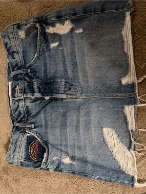 MOTHER Distressed Light Blue Denim Mini Skirt